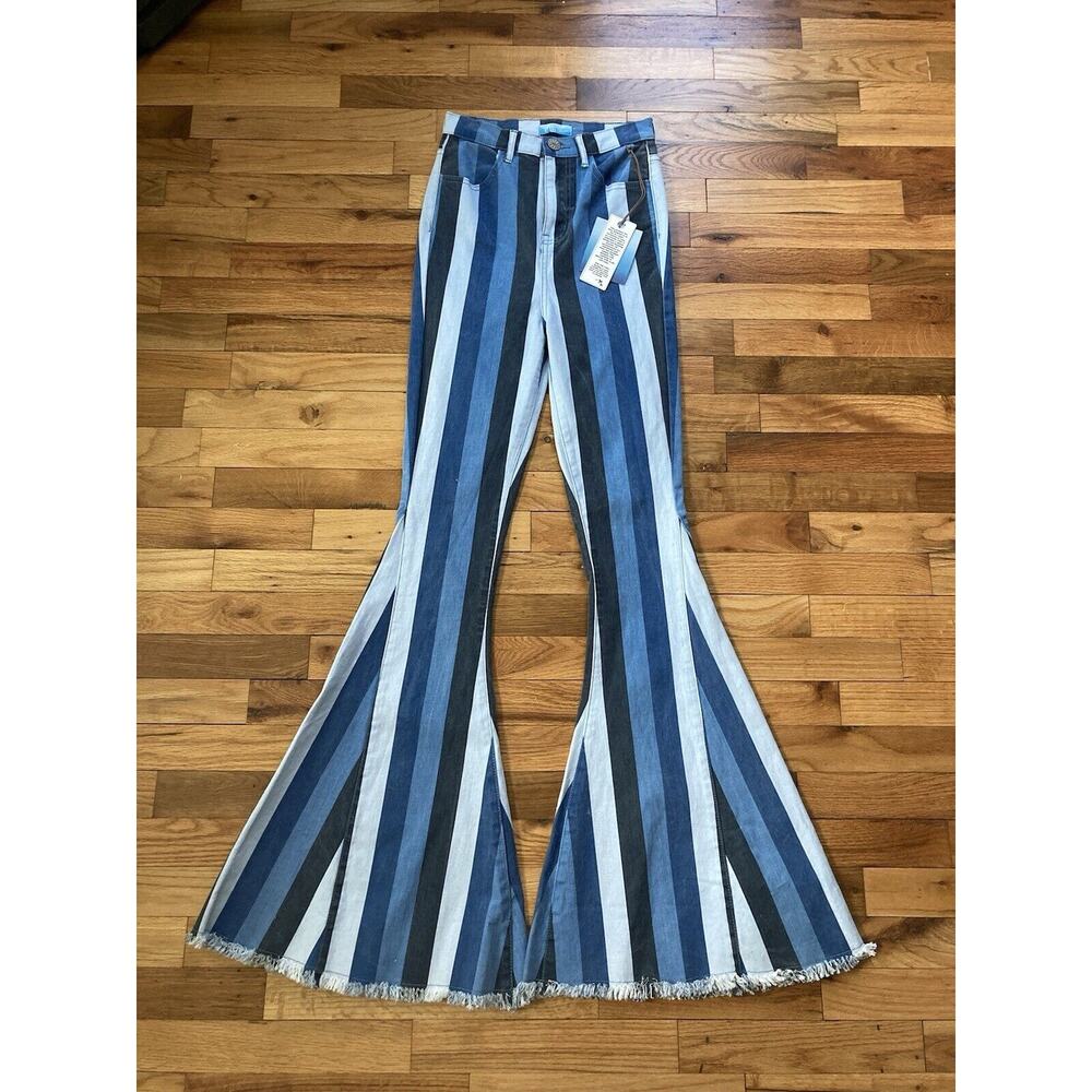 Show Me Your MuMu Navy and White Striped Wide Leg Jeans